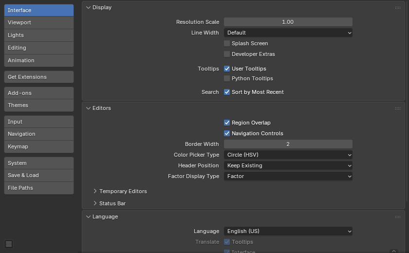 Preferences window showing the Interface section
