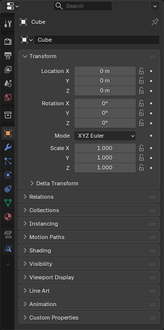 Properties editor with its vertical tab column and property panels