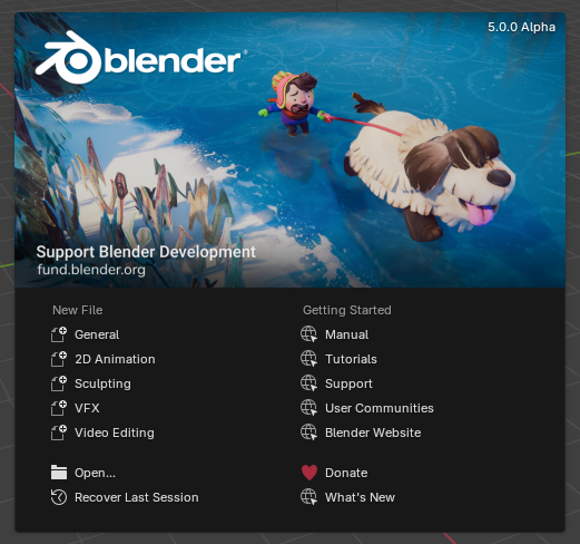 Blender splash screen shown at launch